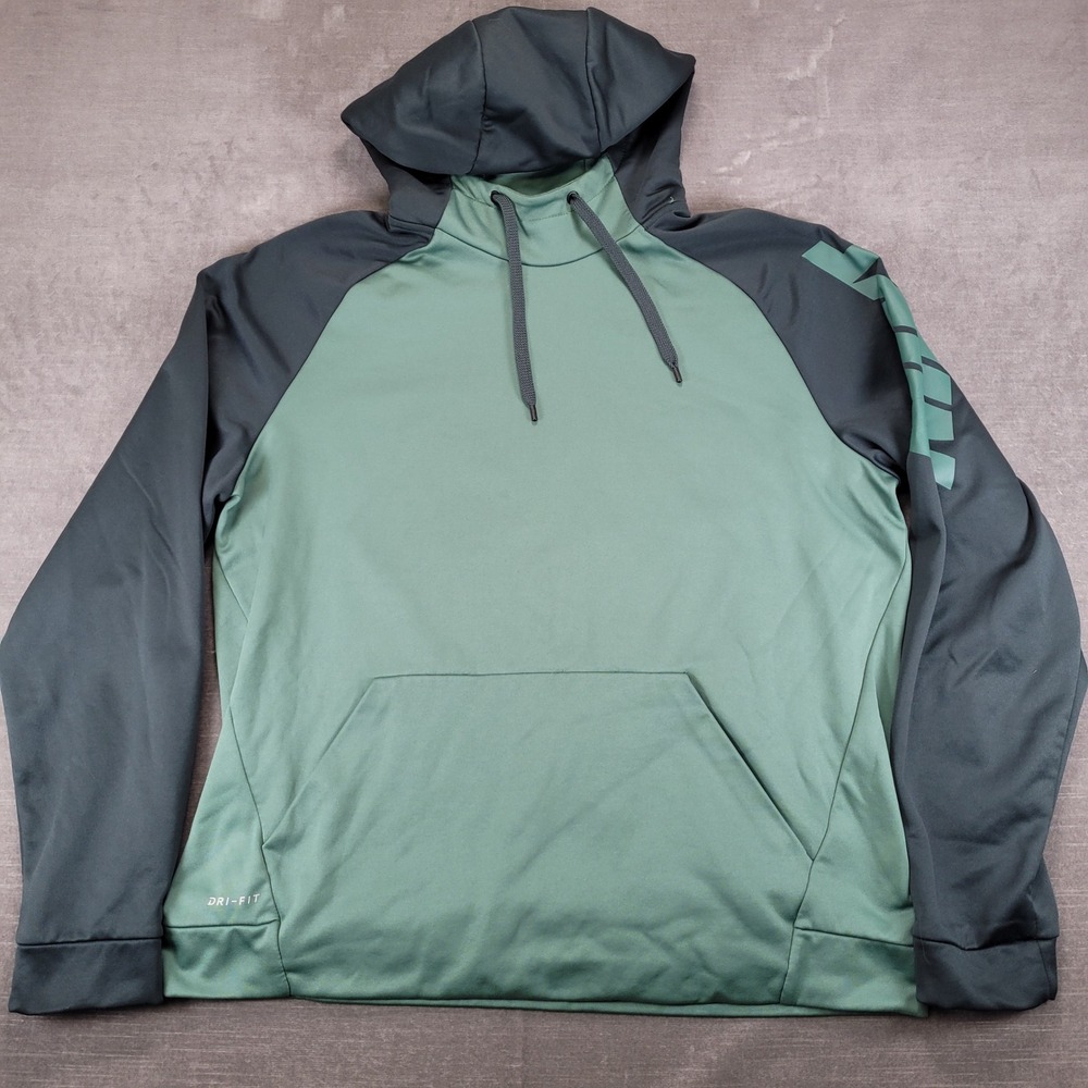 Nike Dri-Fit Mens XL Hoodie Green Black Raglan Sleeve Graphic Spellout Pullover